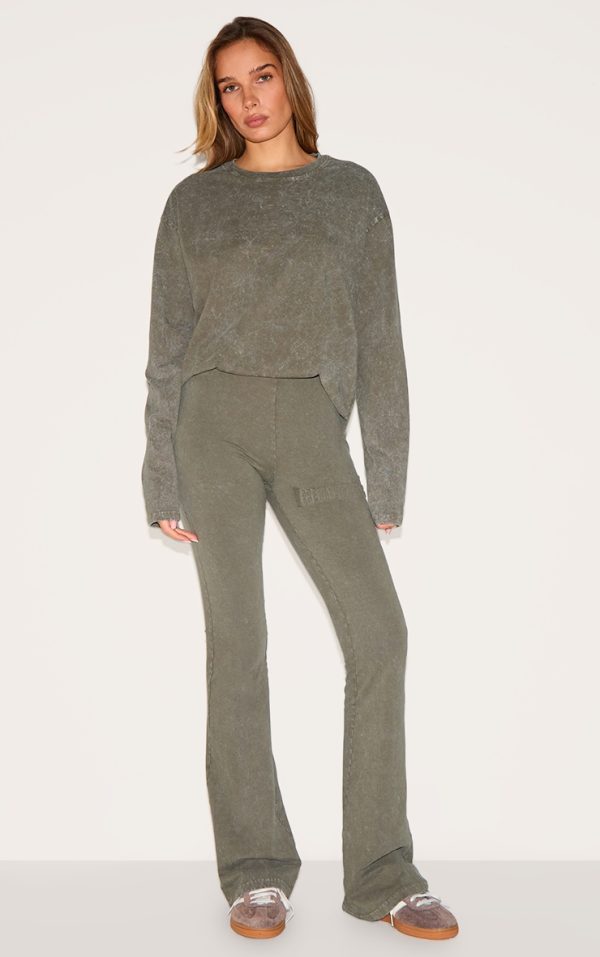 PRETTYLITTLETHING Olive Embossed Logo Washed Skinny Flare Pant