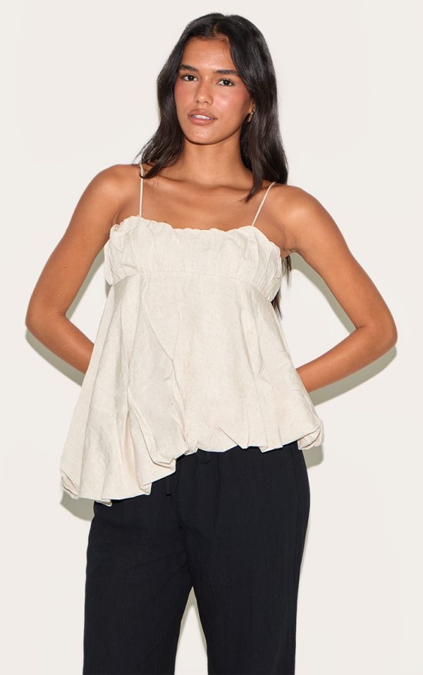 Beige Linen Blend Puff Ball Asymmetric Cami