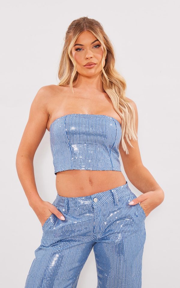 Light Blue Wash Sequin Bandeau Top