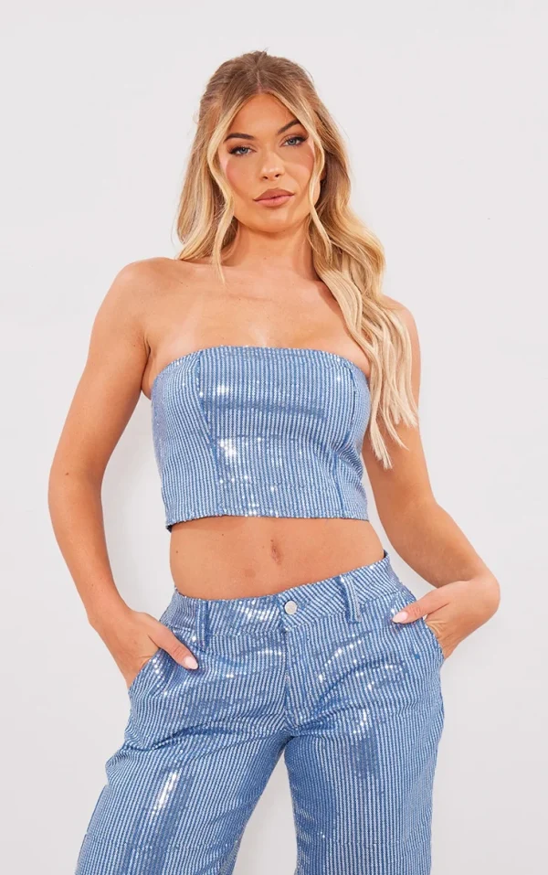 Light Blue Wash Sequin Bandeau Top