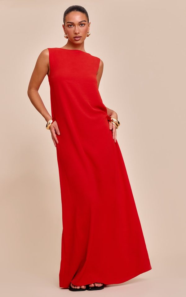 Red Textured Boat Neck Sleeveless Maxi Dress