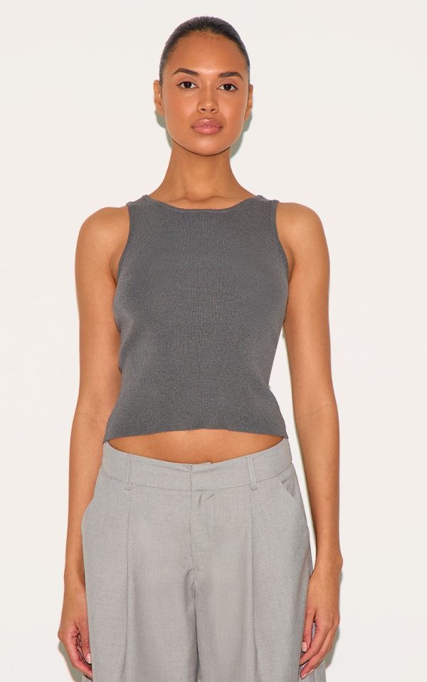 Charcoal Fine Knit  Racer Neck Top