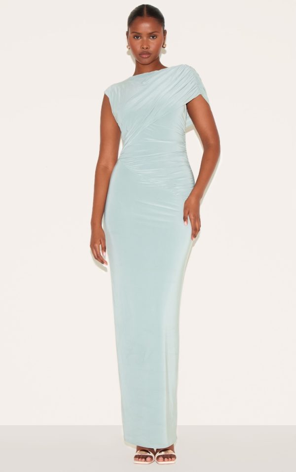 Sage Double Layer Slinky Off Shoulder Drape Maxi Dress