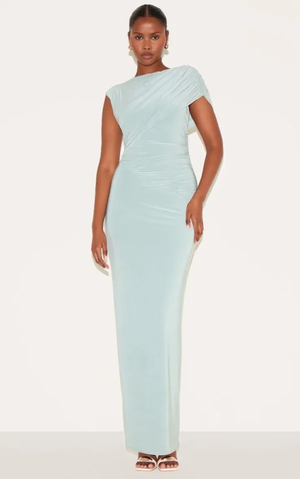 Sage Double Layer Slinky Off Shoulder Drape Maxi Dress
