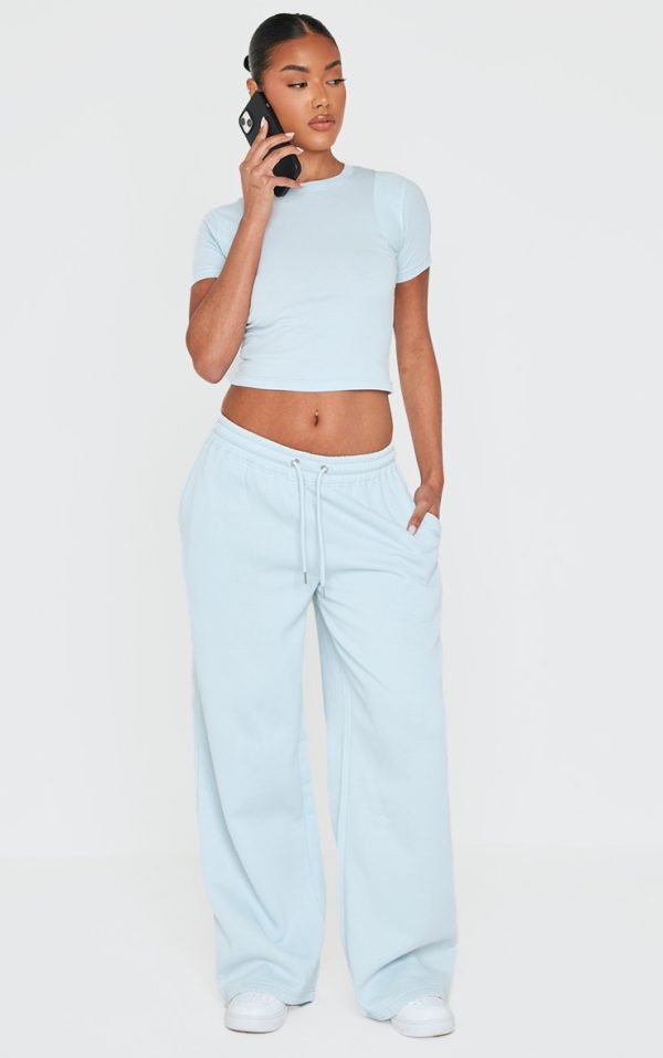 PRETTYLITTLETHING Baby Blue Wide Leg Embroidered Sweatpants