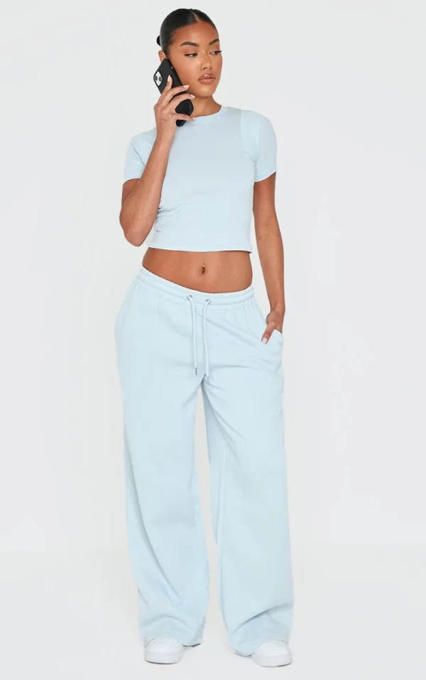 PRETTYLITTLETHING Baby Blue Wide Leg Embroidered Sweatpants
