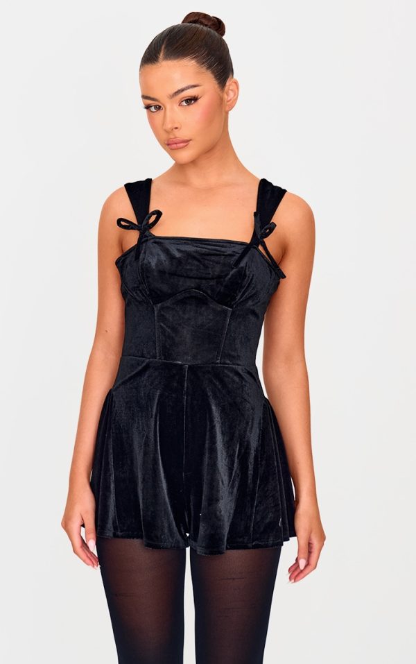 Black Velvet Strappy Bow Detail Romper