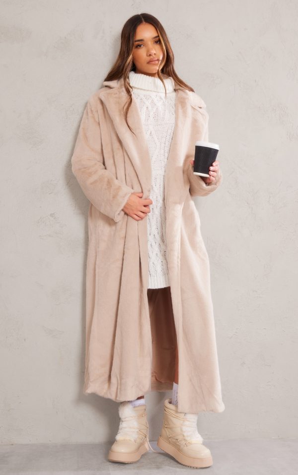 Beige Premium Soft Faux Fur Tailored Maxi Coat