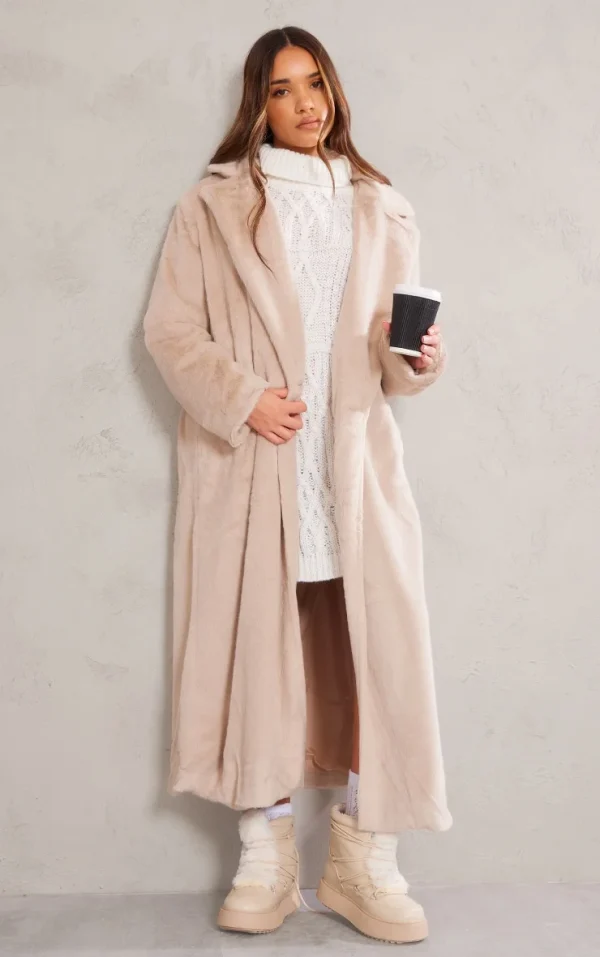 Beige Premium Soft Faux Fur Tailored Maxi Coat