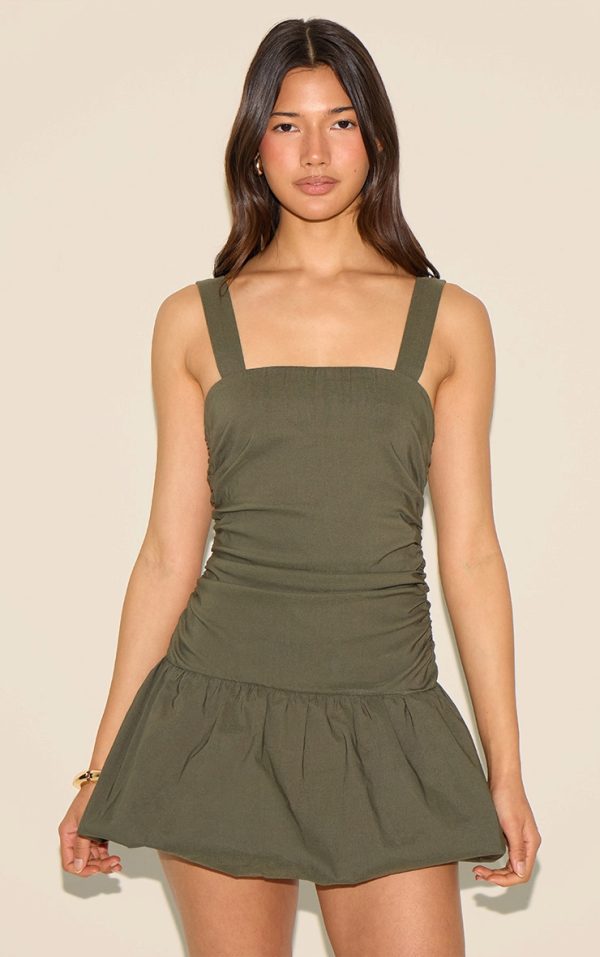 Khaki Strappy Ruched Puffball Dress