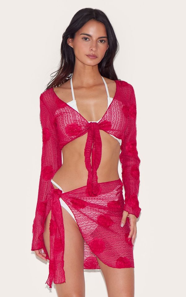 Red Textured Flower Trim Tie Front Beach Top