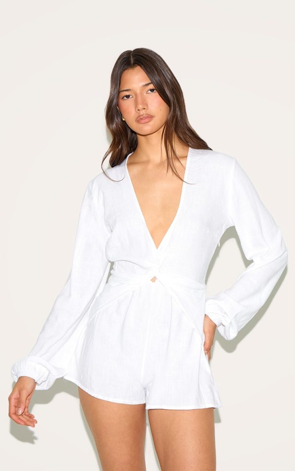 White Long Sleeve Plunge Twist Detail Romper