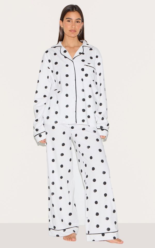 White Polka Dot Jersey Piping Detail Long PJ Set