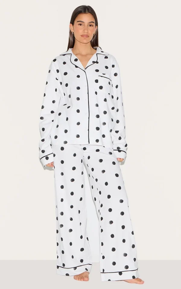 White Polka Dot Jersey Piping Detail Long PJ Set
