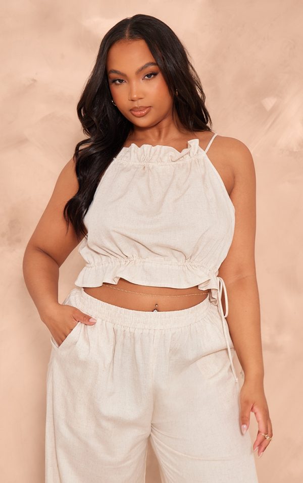 Plus Stone Marl Textured Drawstring Racer Crop Top