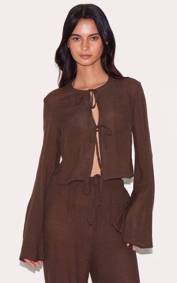 Brown Tie Front Detail Linen Look Beach Top
