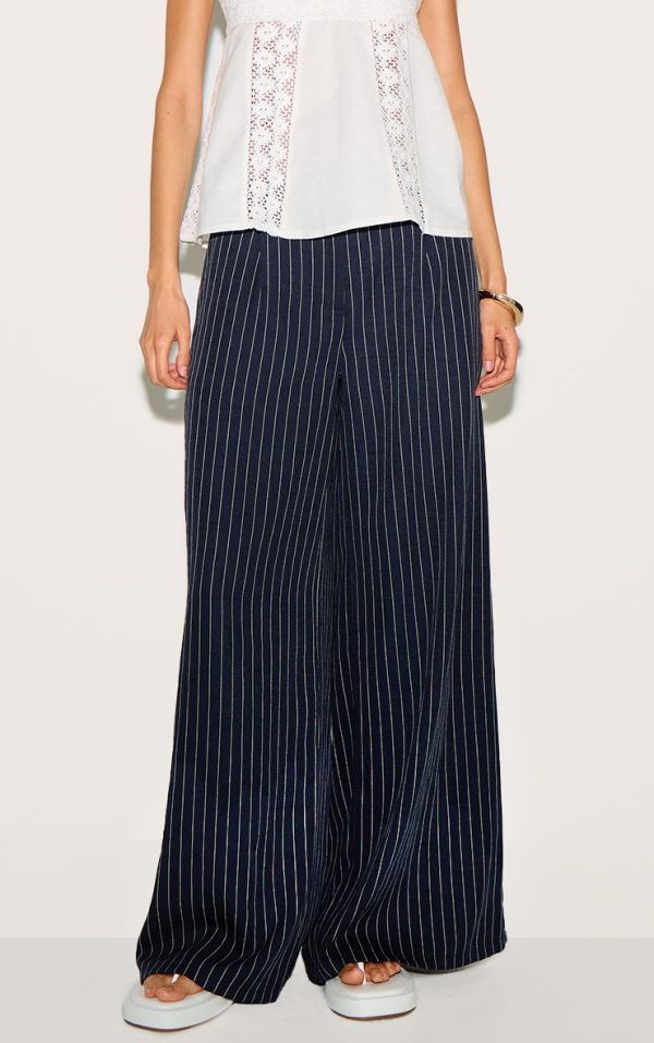 Navy Maxi Pinstripe Tailored Woven Straight Leg Pants
