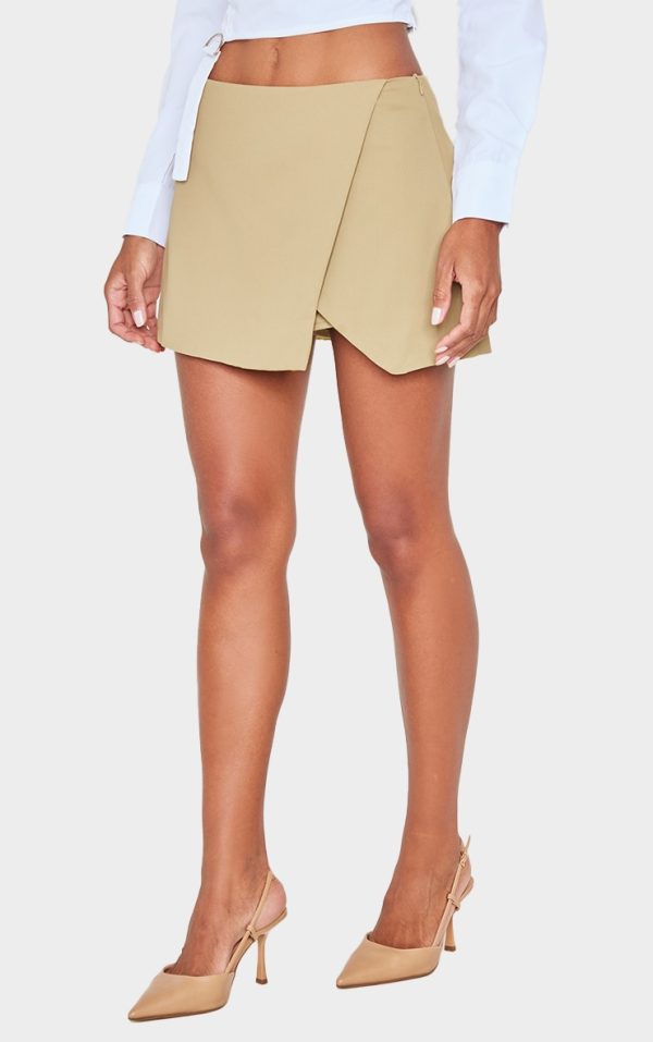 Light Khaki Tailored Woven Wrap Front Skort