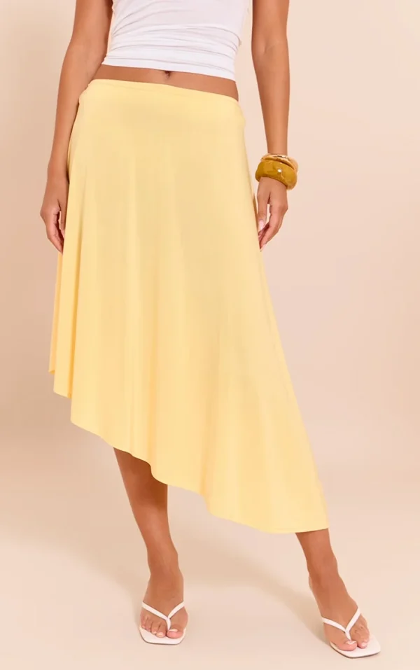 Lemon Asymmetric Hem Slinky Midi Skirt