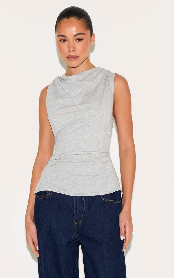 Grey Marl Cotton Ruched Waist Sleeveless Top