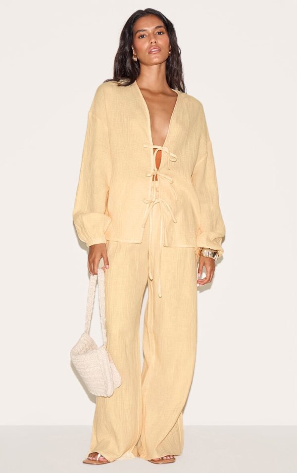 Lemon Textured Cheesecloth Wide Leg Pants