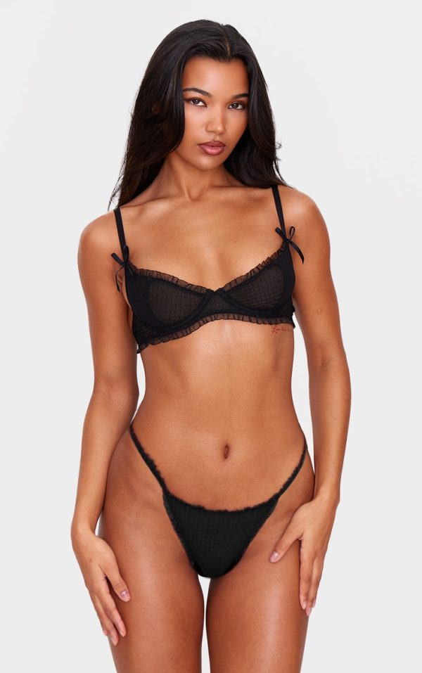 Black Textured Mesh Frill Edge Underwired Bra