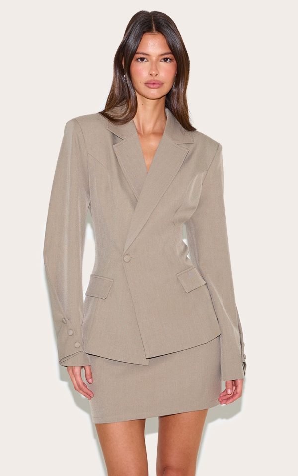 Mushroom Woven Cinched Waist Fitted Blazer