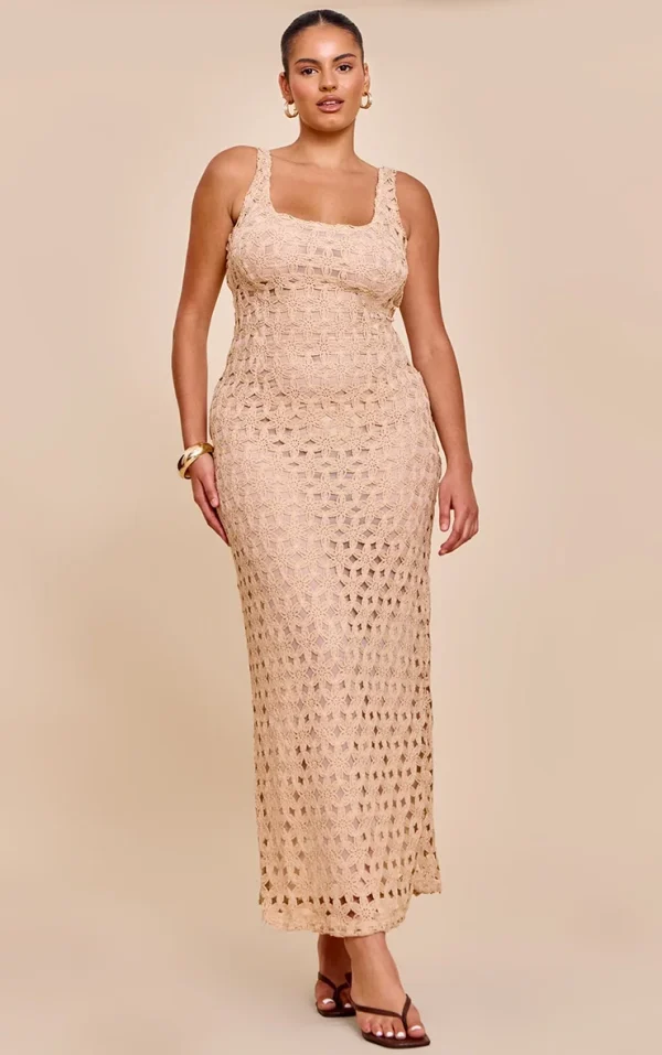 Plus Stone Floral Textured Scoop Neck Maxi Dress
