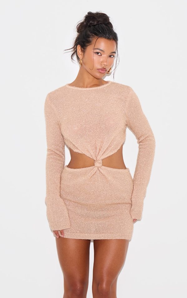 Champagne Tinsel Knit Twist Front Open Back Mini Dress
