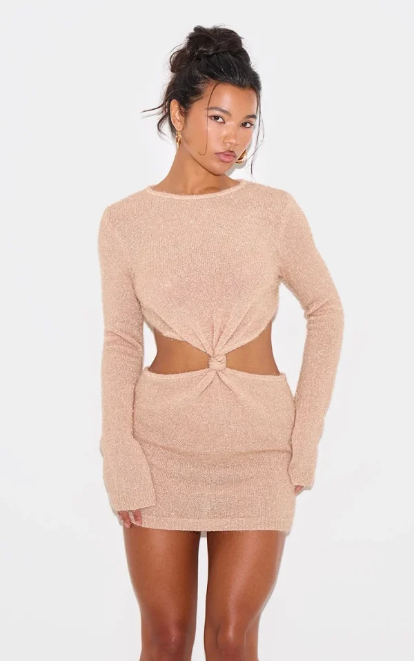 Champagne Tinsel Knit Twist Front Open Back Mini Dress