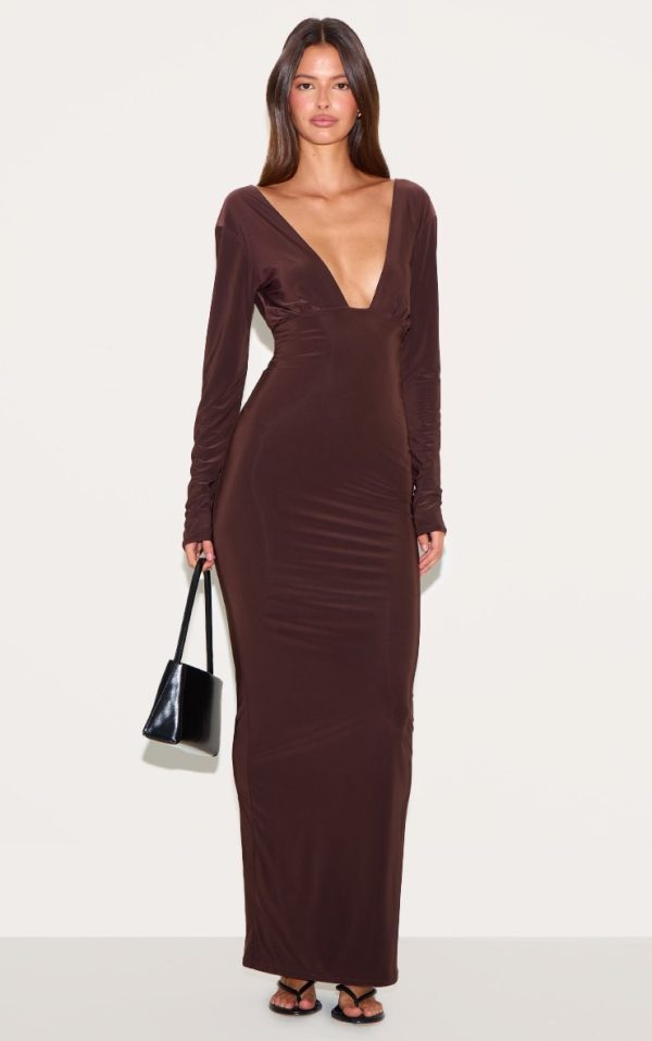 Deep Chocolate Double Layer Deep Plunge Maxi Dress