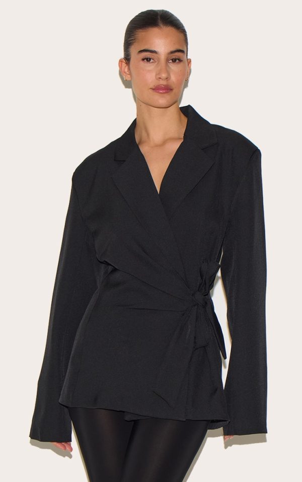 Black Tie Front Structured Blazer