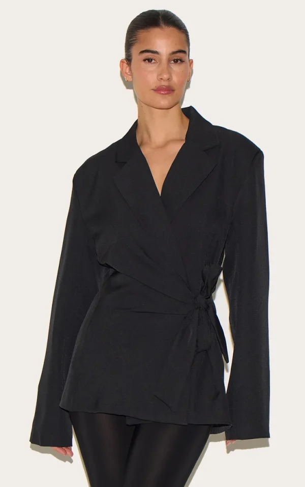 Black Tie Front Structured Blazer