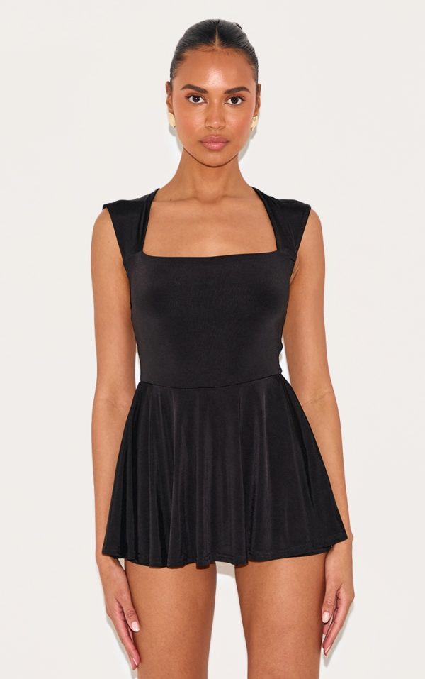 Black Double Layer Slinky Square Cap Sleeve Skort Romper