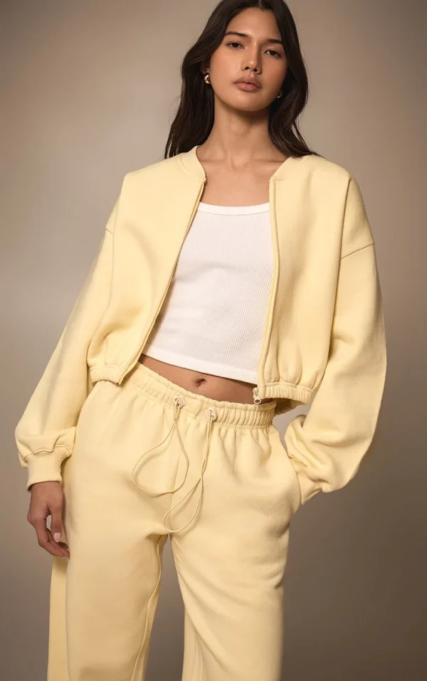Butter Cream Drawcord Waist Cropped Zip Up Sweatshirt
