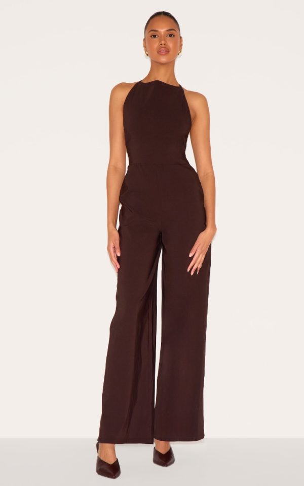 Dark Chocolate Stretch Woven Square Neck Wide Leg Jumpsuit