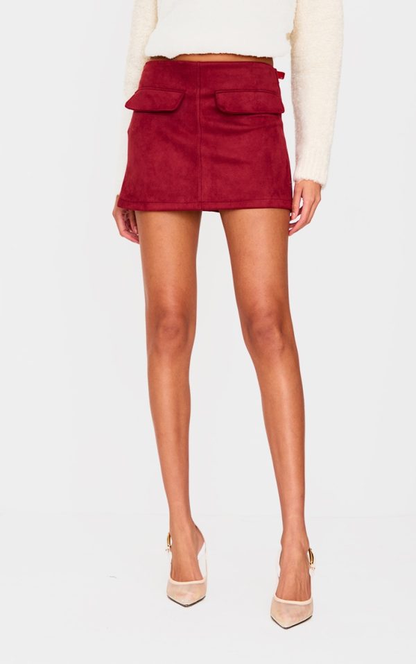 Burgundy Faux Suede Pocket Front Mini Skirt