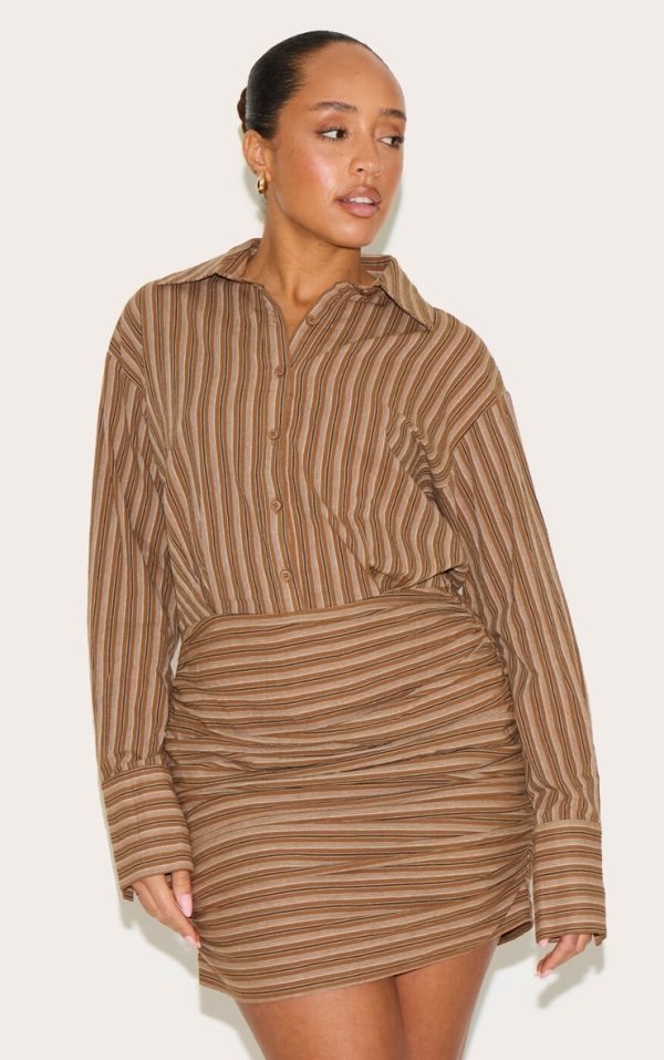 Shape Chocolate Striped Button Front Ruched Hem Shirt Dress