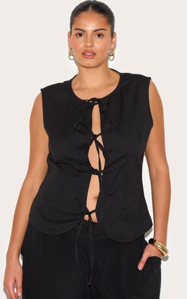 Plus Black Linen Tie Front Vest
