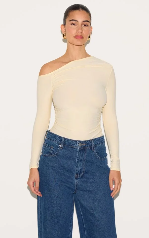 Almond Soft Touch Asymmetric Detail Long Sleeve Top