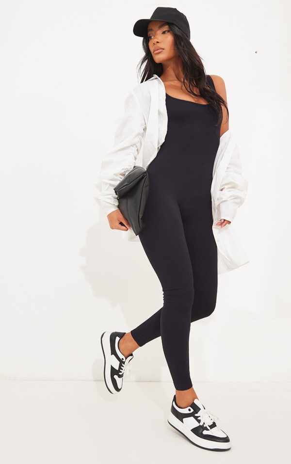 Black Structured Snatched Ribbed Scoop Neck Jumpsuit