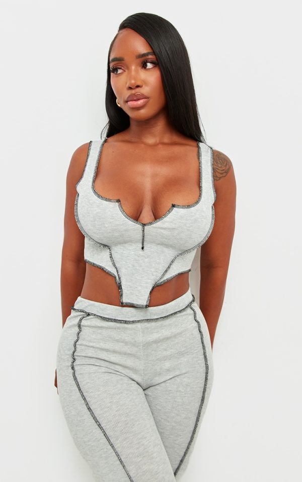 Shape Grey Marl Contrast Stitch Ribbed Crop Top
