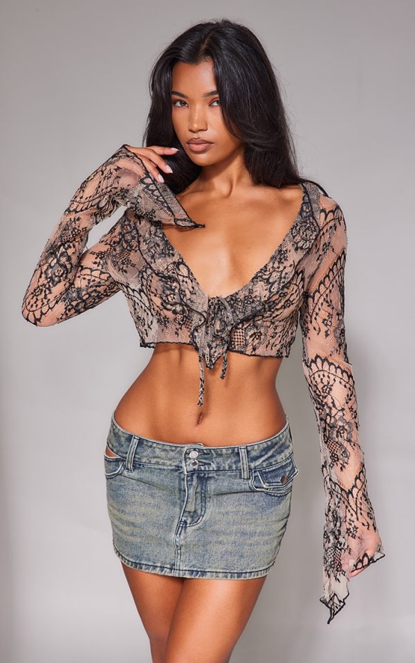 Beige Tie Front Lace Extreme Crop Top