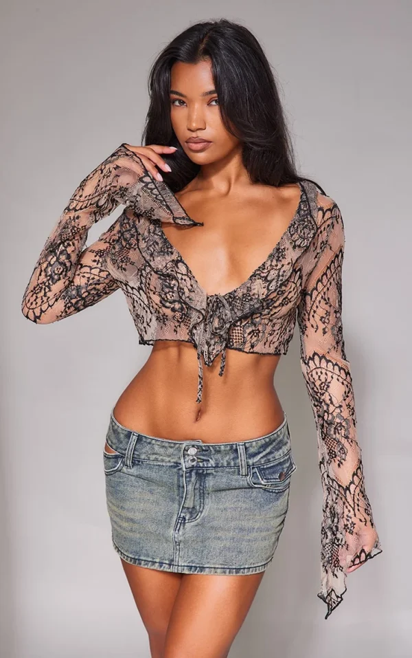 Beige Tie Front Lace Extreme Crop Top