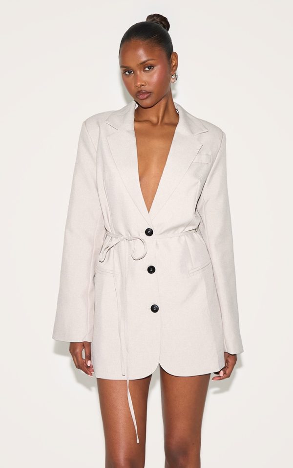 Taupe Woven Tie Belt Blazer Dress