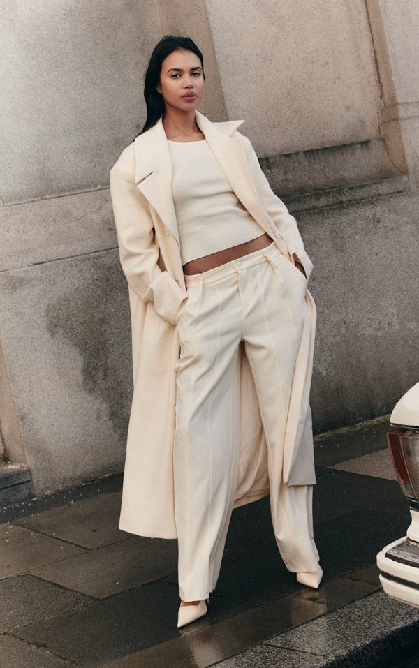 Cream Adjustable Waist Tailored Pants