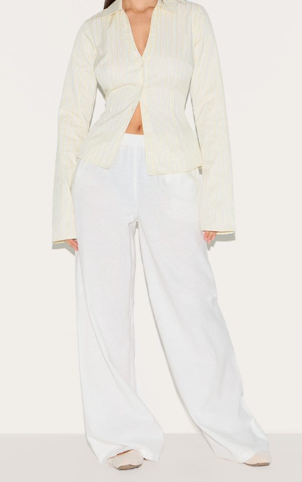 White Cotton Linen Blend Elasticated Waist Straight Leg Pants