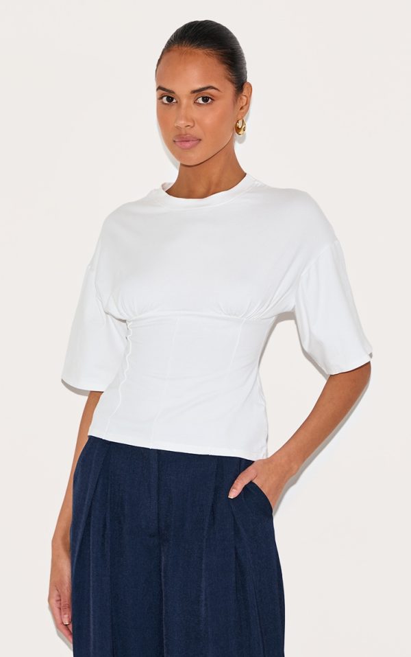 White Ruched Bust Detail Fitted T Shirt