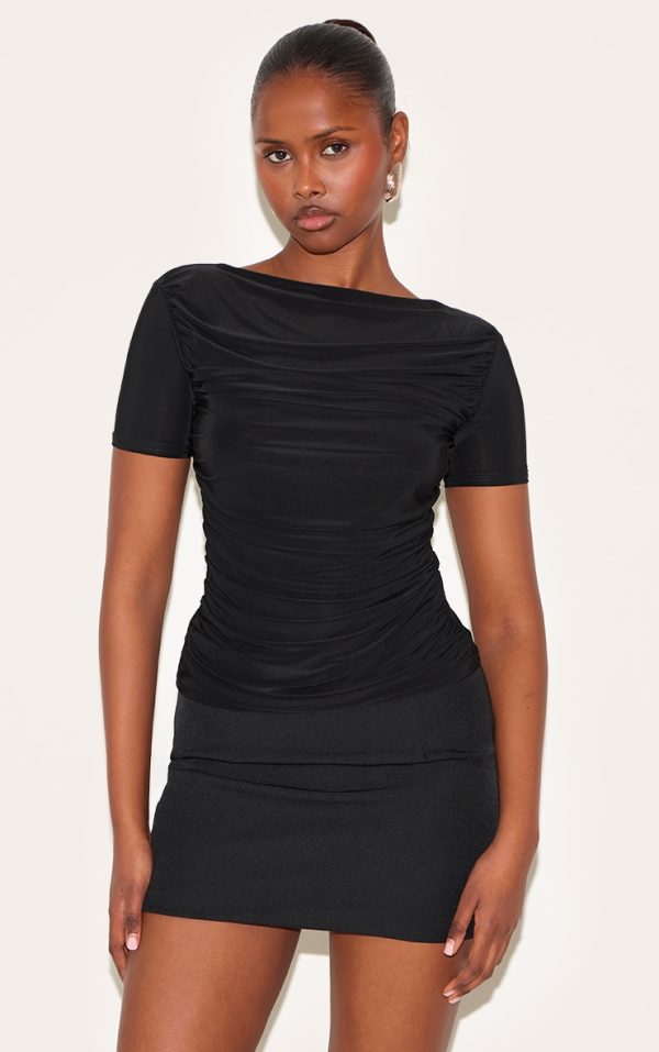 Black Ruched Detail Slinky Long Top