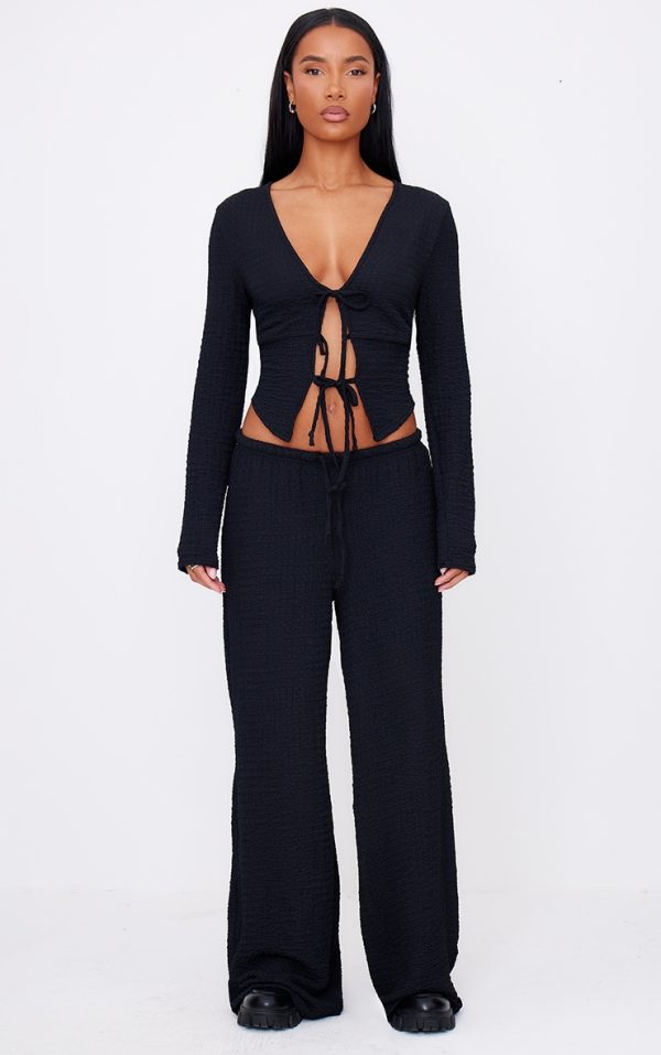 Black Textured Low Rise Wide Leg Pants